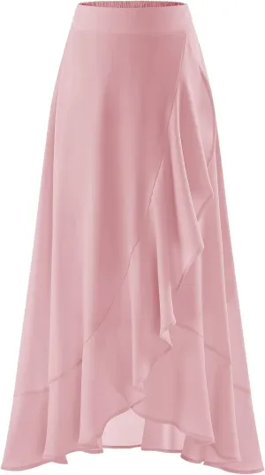 Women Midi Skirt Ruffle 2025 Summer Skirts Flowy Elastic Waist Chiffon Casual Split Long Skirt with Lining