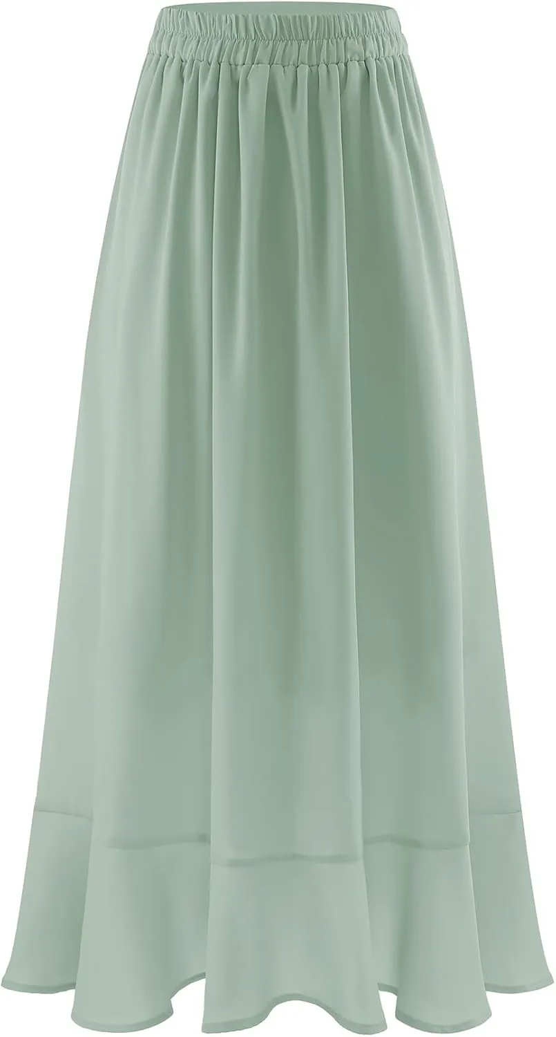 Women Midi Skirt Ruffle 2025 Summer Skirts Flowy Elastic Waist Chiffon Casual Split Long Skirt with Lining
