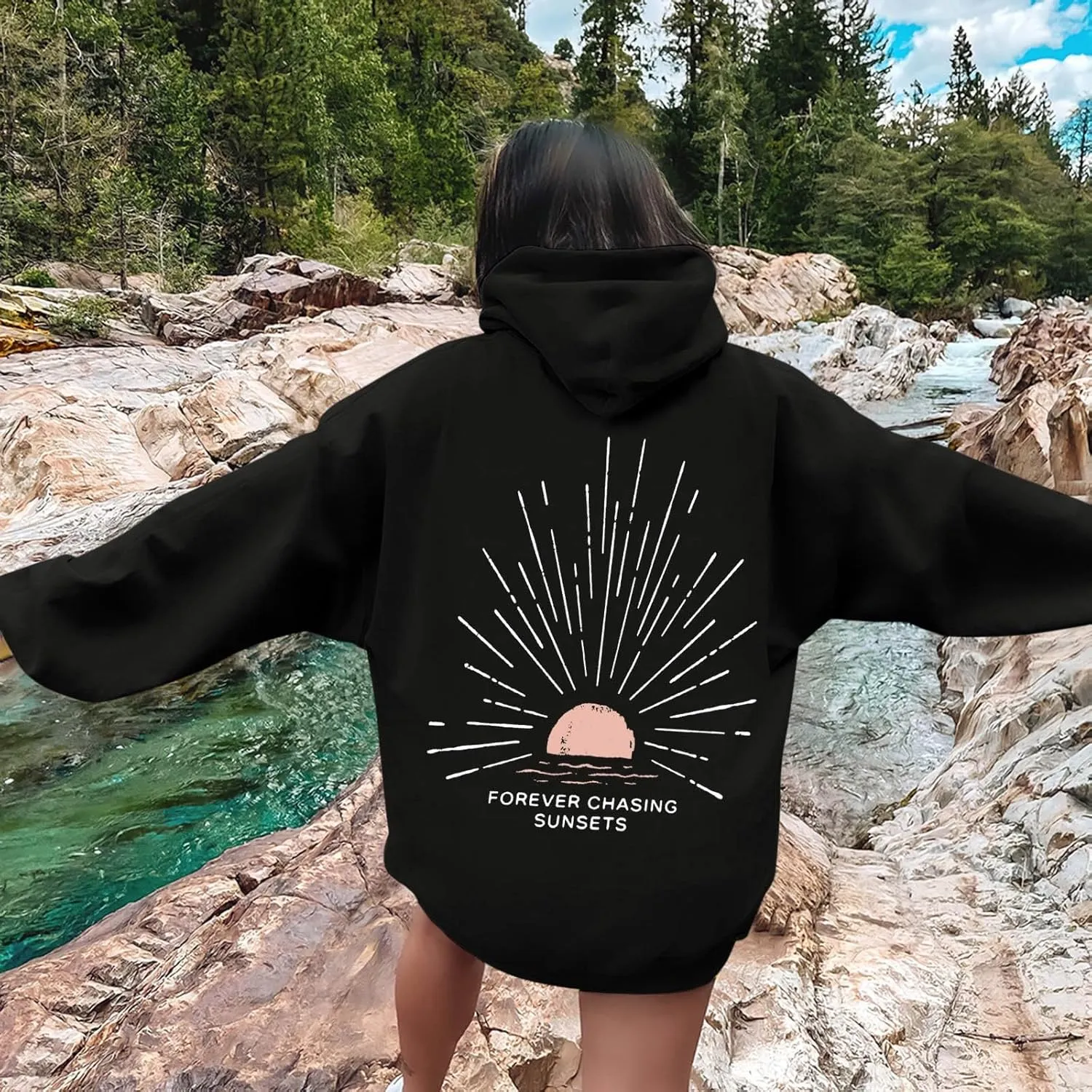 Women Oversized Hoodie Beachy Sweatshirt Letter Printed Always Chasing Sunsets Hoodies Solid Color Soft Top