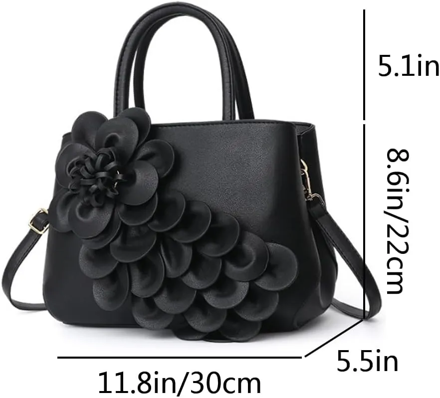Women Petal Top Handle Handbag Purse PU Zipper Satchel Crossbody Shoulder Bag Tote Black