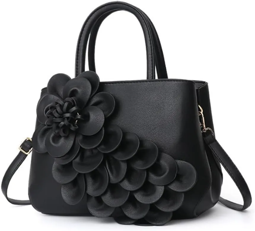 Women Petal Top Handle Handbag Purse PU Zipper Satchel Crossbody Shoulder Bag Tote Black
