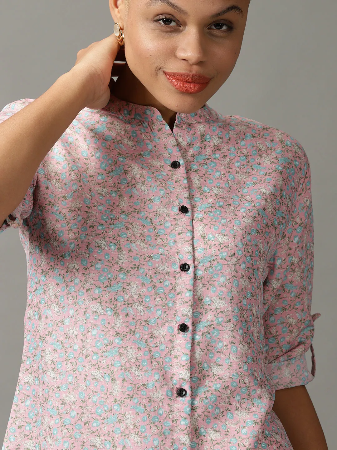 Women Pink Floral Printed Longline Casual Shirt