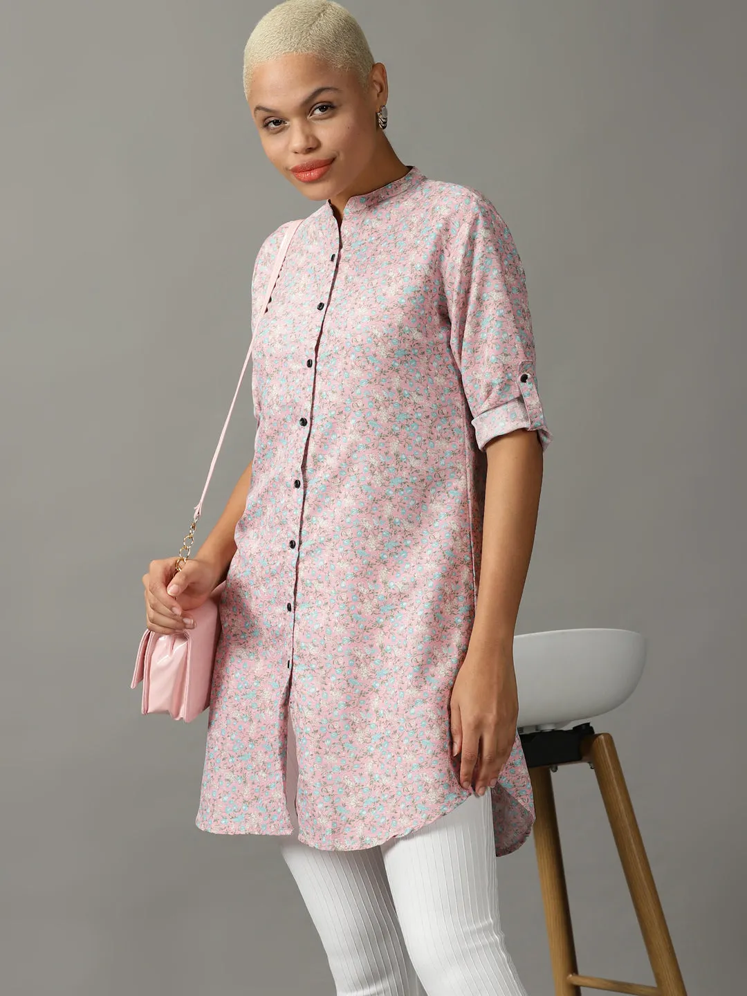 Women Pink Floral Printed Longline Casual Shirt