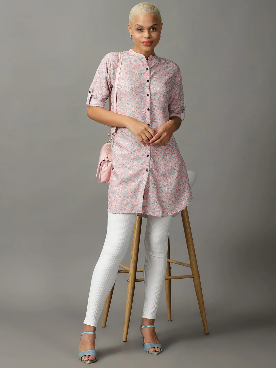 Women Pink Floral Printed Longline Casual Shirt