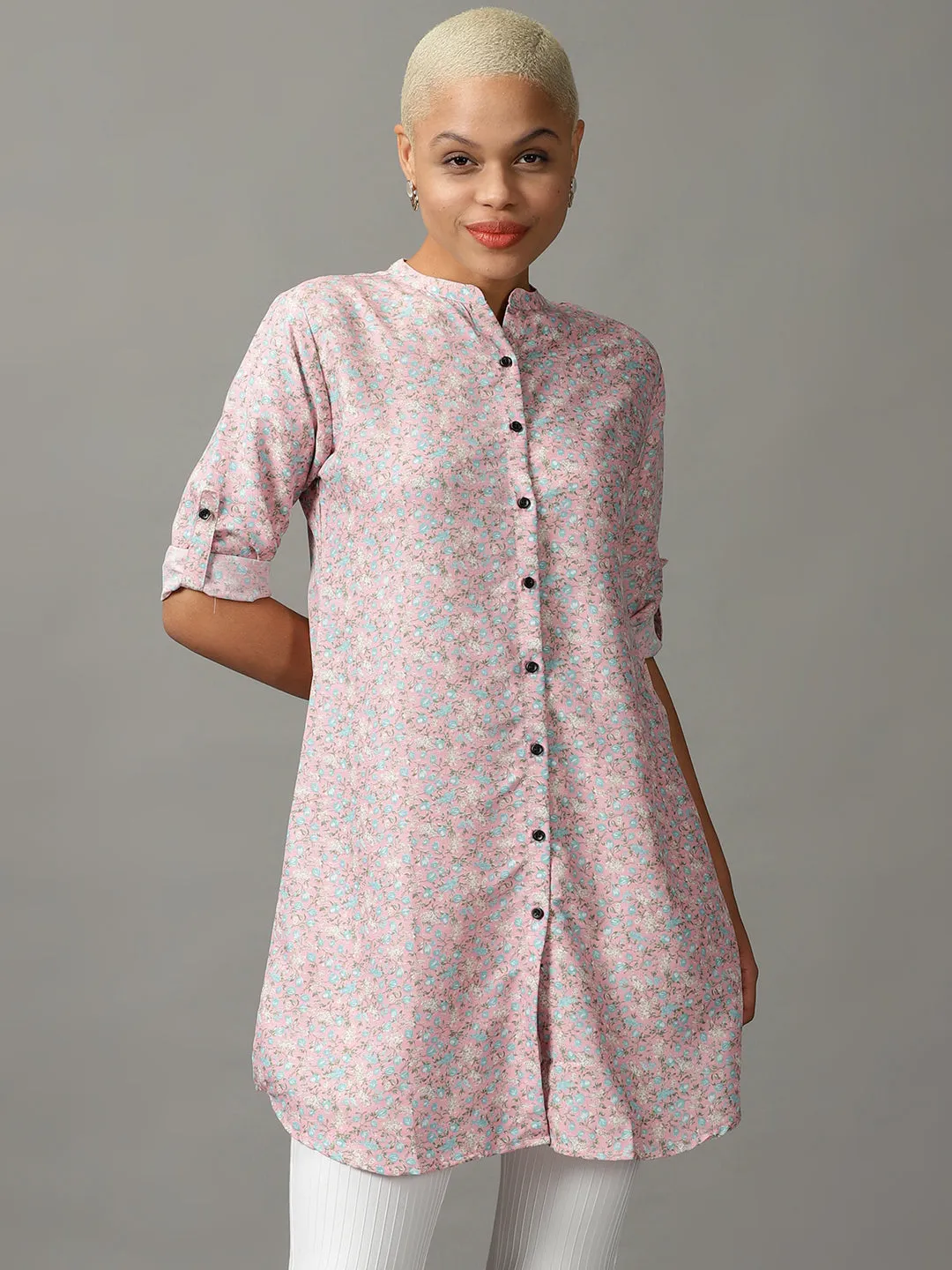 Women Pink Floral Printed Longline Casual Shirt