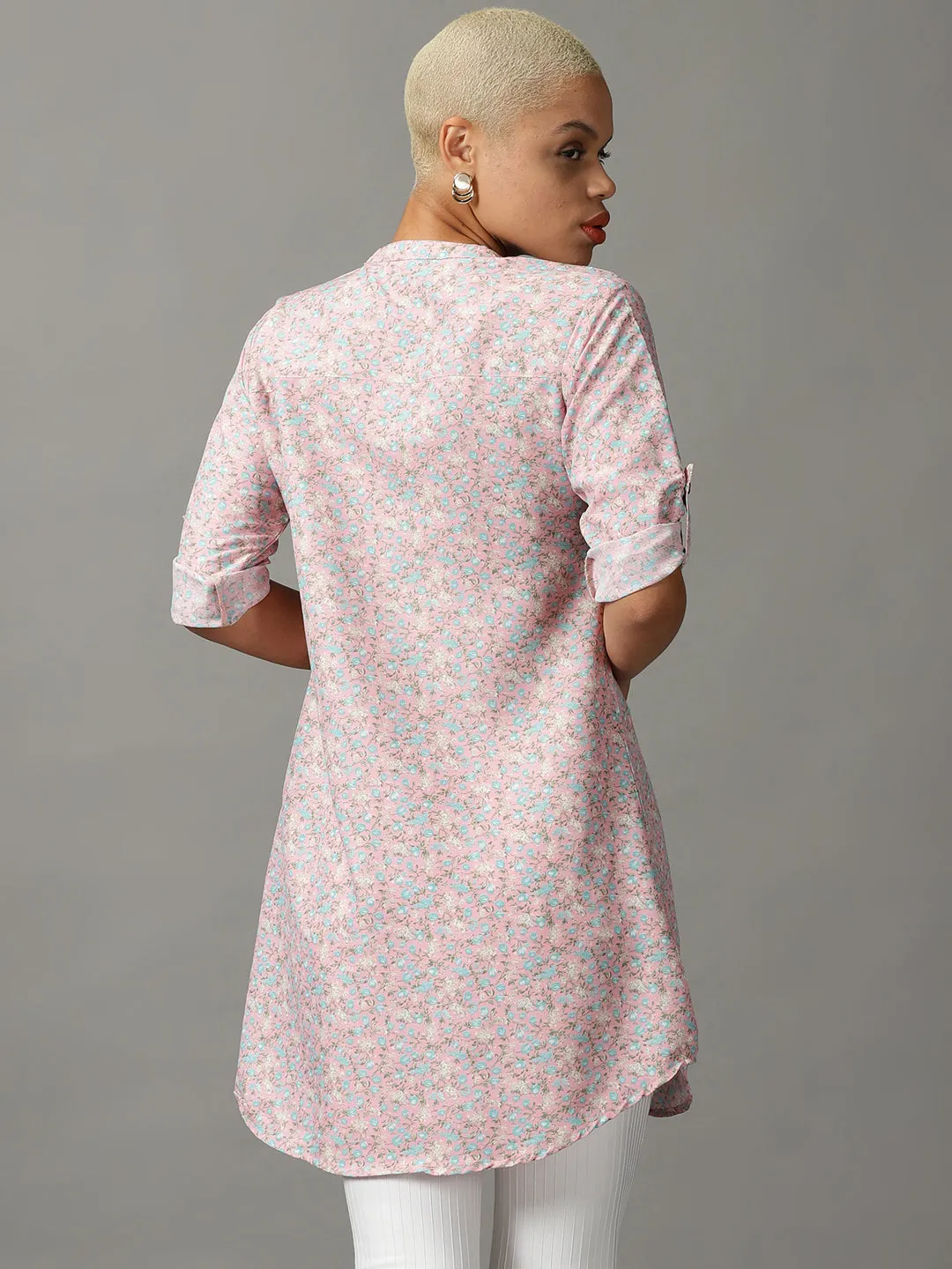 Women Pink Floral Printed Longline Casual Shirt