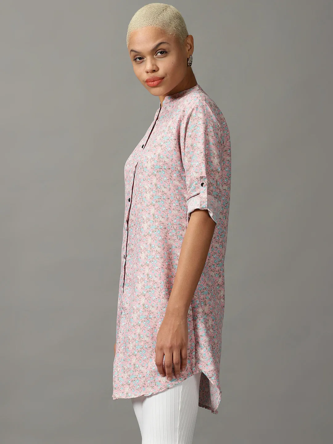 Women Pink Floral Printed Longline Casual Shirt