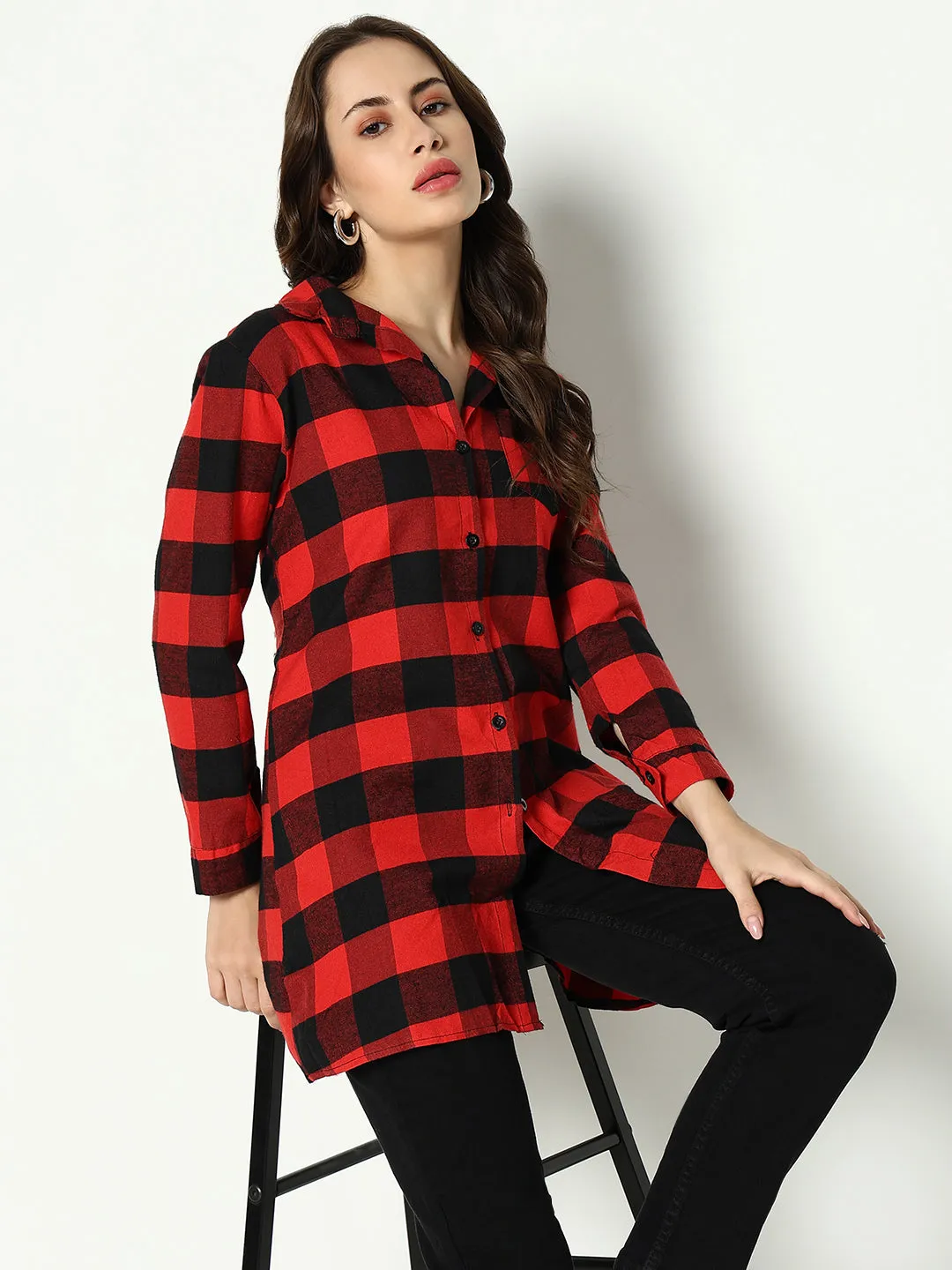 Women Red Classic Buffalo Checked Cotton Casual Longline Shirt