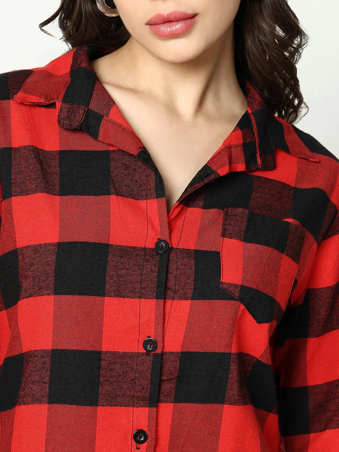Women Red Classic Buffalo Checked Cotton Casual Longline Shirt