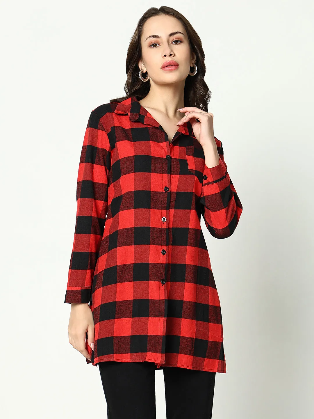 Women Red Classic Buffalo Checked Cotton Casual Longline Shirt