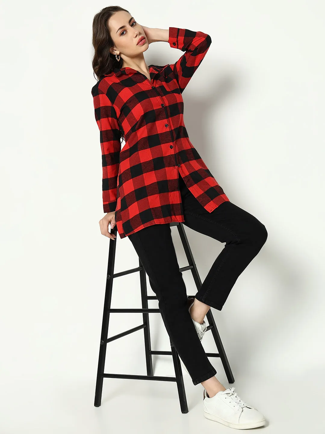Women Red Classic Buffalo Checked Cotton Casual Longline Shirt