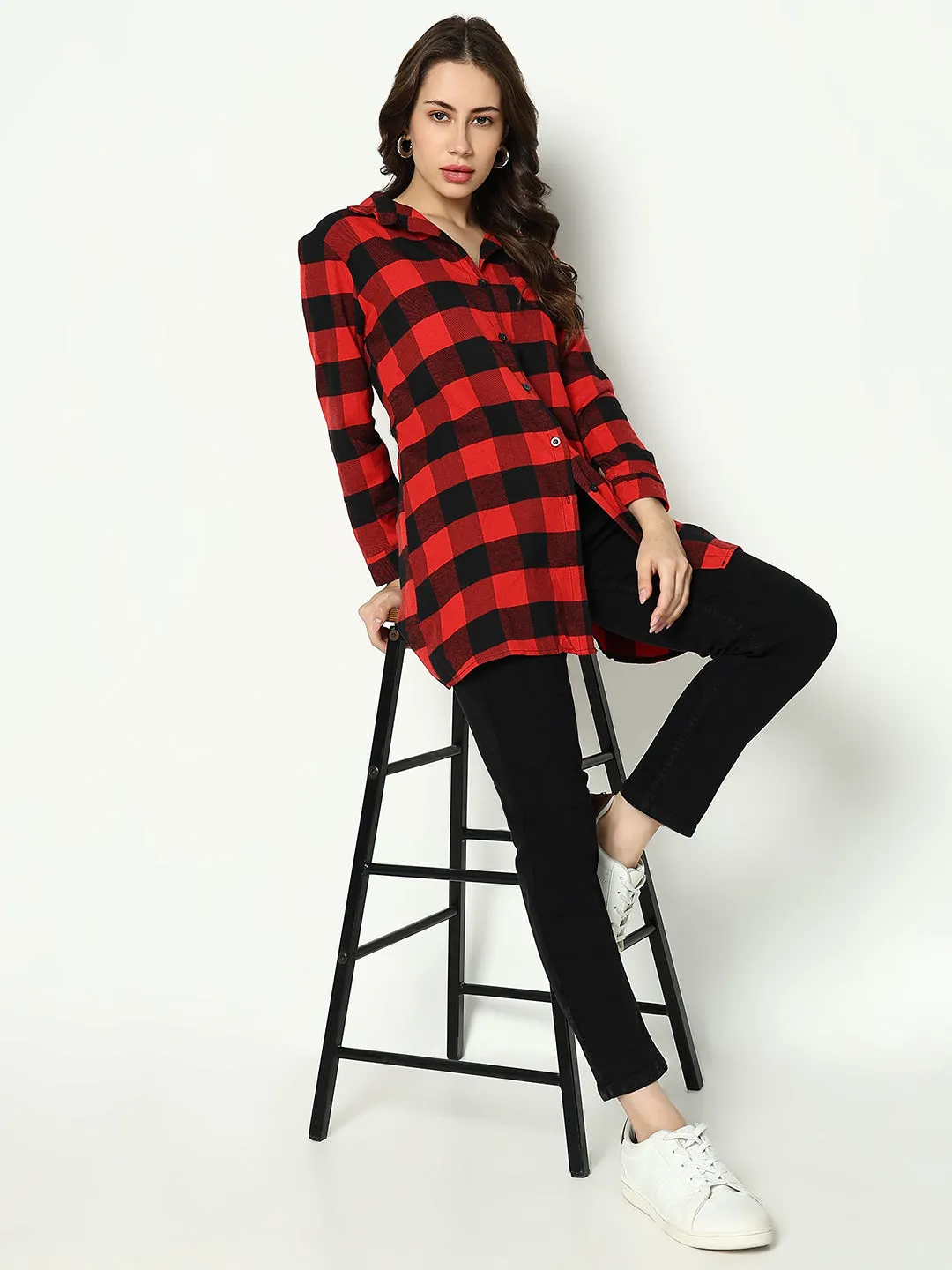 Women Red Classic Buffalo Checked Cotton Casual Longline Shirt