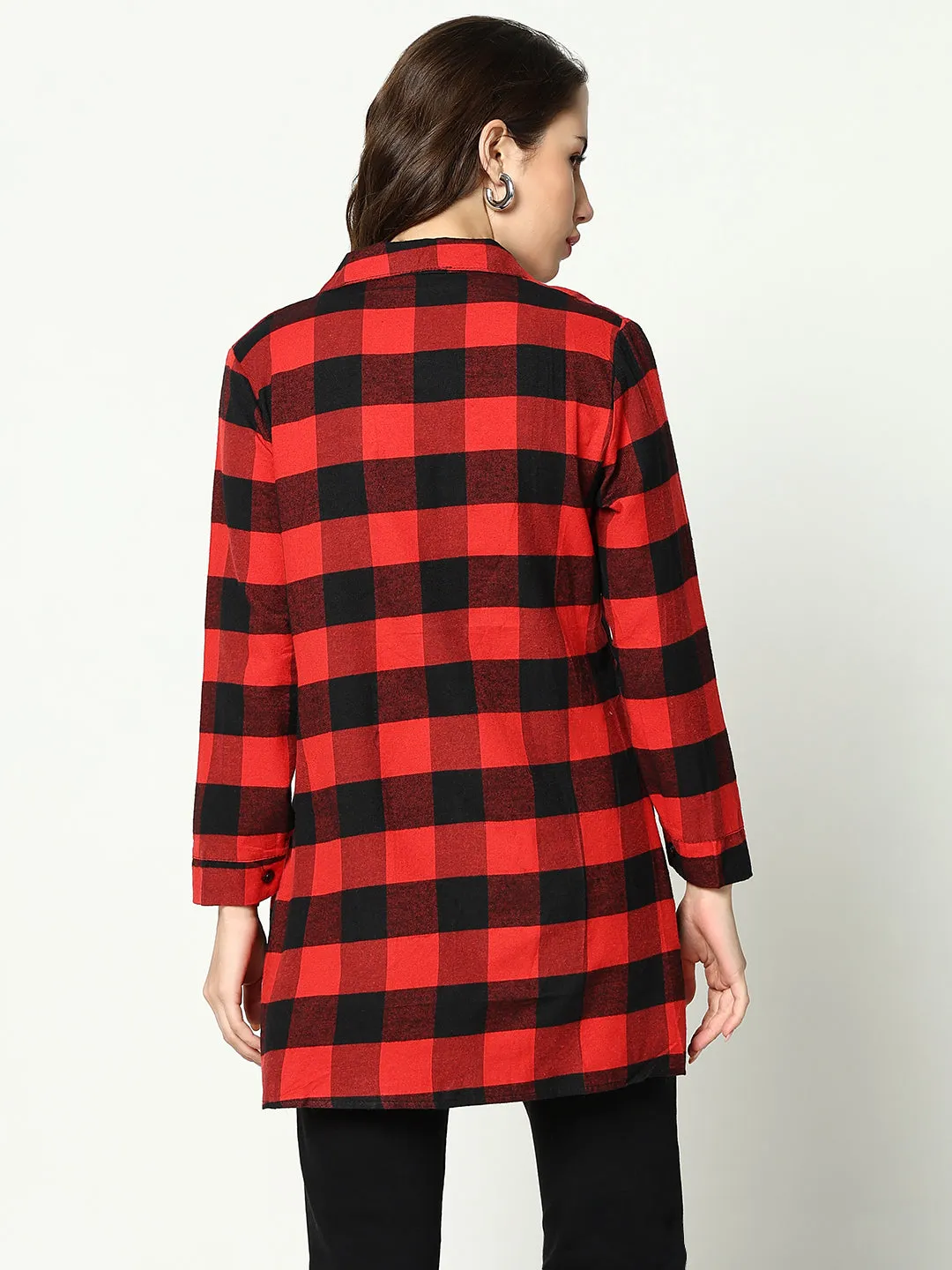 Women Red Classic Buffalo Checked Cotton Casual Longline Shirt