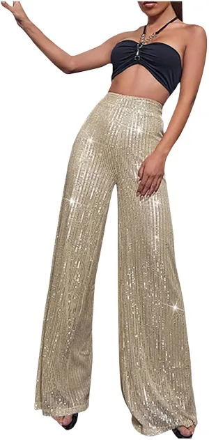 Women Sequins Wide Leg Pants High Waist Trousers Ladies Palazzo Pants Casual Bling Shiny Trousers Loose Baggy Trouser