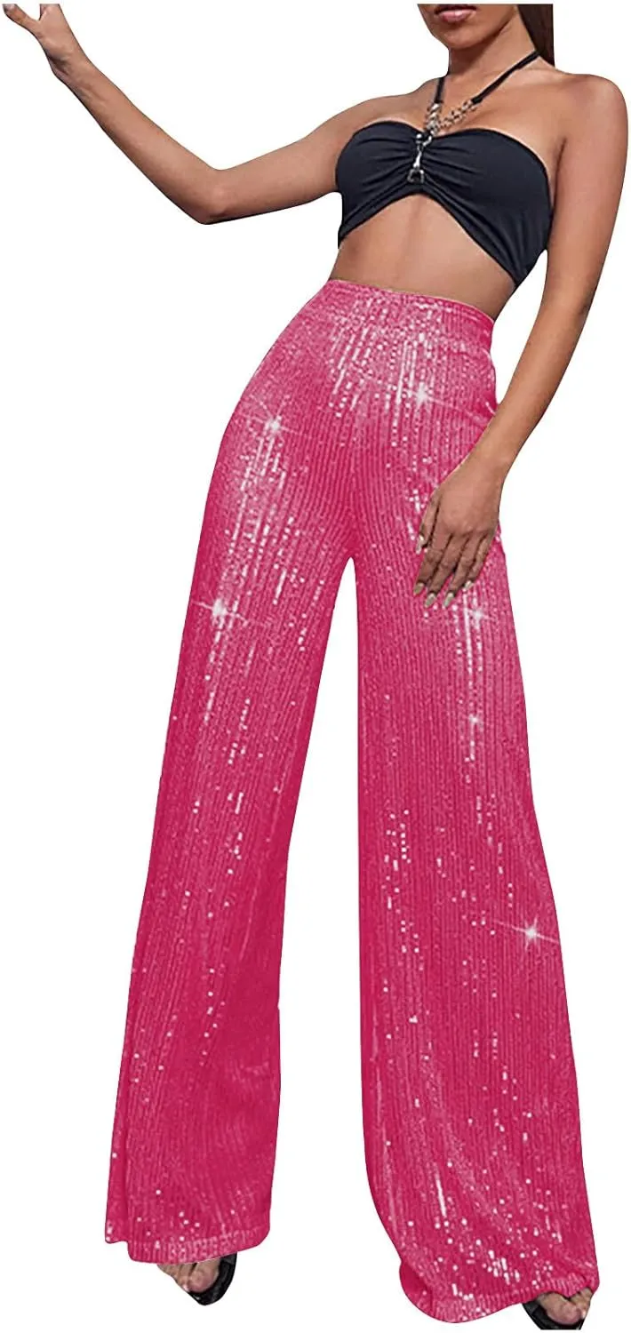 Women Sequins Wide Leg Pants High Waist Trousers Ladies Palazzo Pants Casual Bling Shiny Trousers Loose Baggy Trouser
