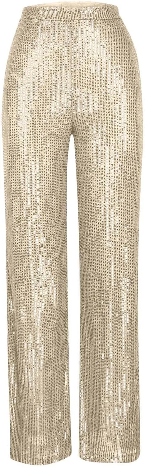 Women Sequins Wide Leg Pants High Waist Trousers Ladies Palazzo Pants Casual Bling Shiny Trousers Loose Baggy Trouser