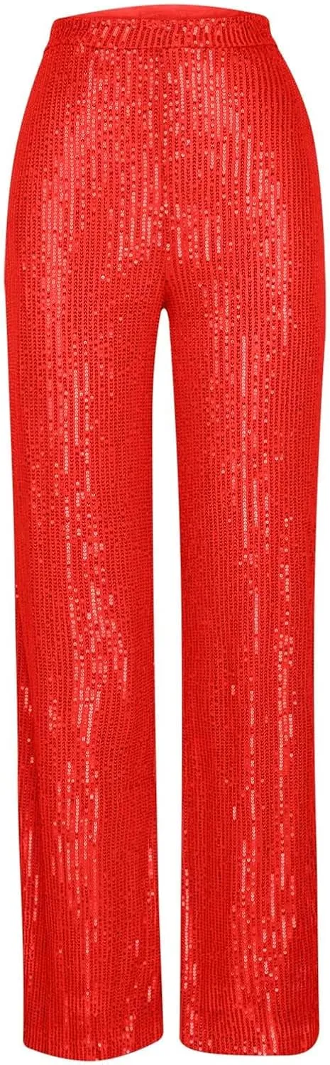 Women Sequins Wide Leg Pants High Waist Trousers Ladies Palazzo Pants Casual Bling Shiny Trousers Loose Baggy Trouser