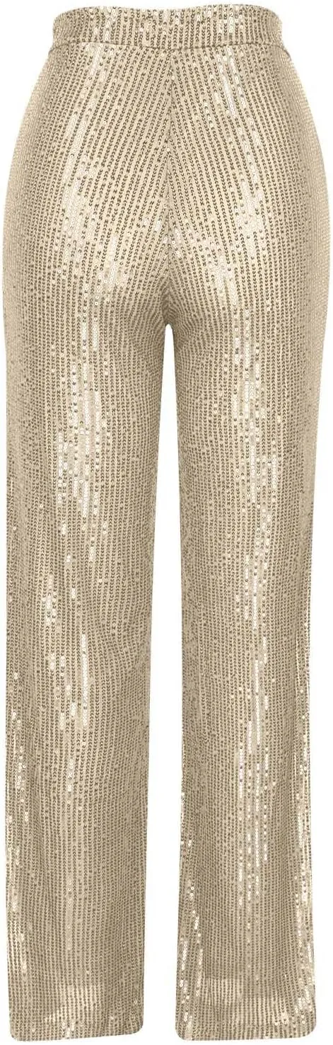 Women Sequins Wide Leg Pants High Waist Trousers Ladies Palazzo Pants Casual Bling Shiny Trousers Loose Baggy Trouser