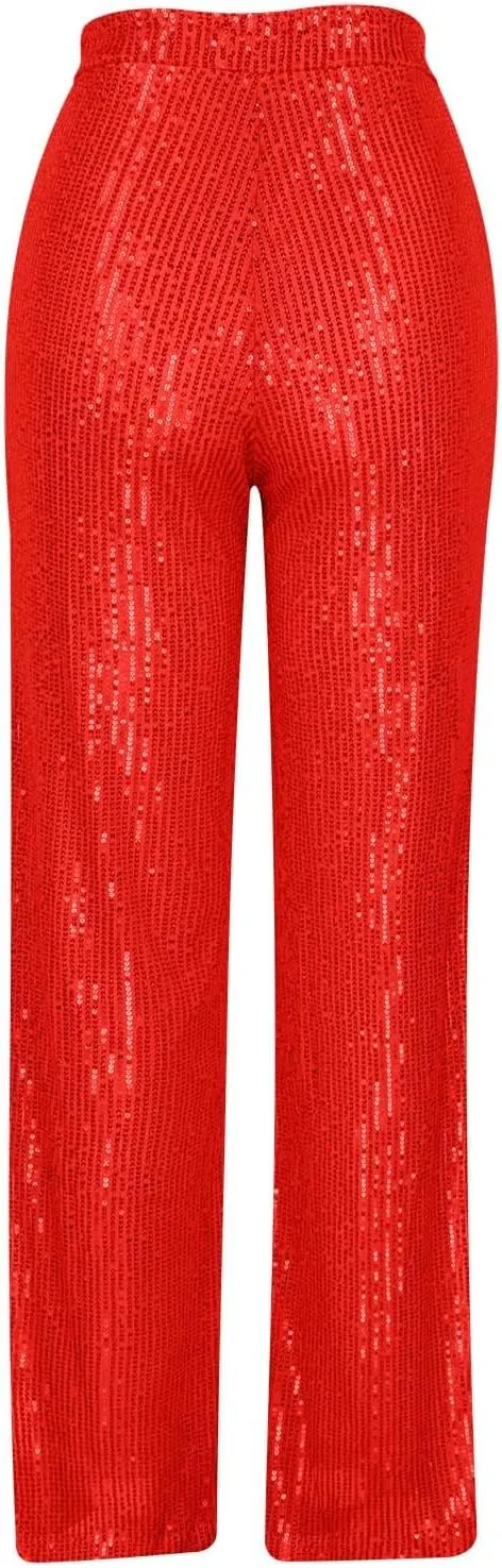 Women Sequins Wide Leg Pants High Waist Trousers Ladies Palazzo Pants Casual Bling Shiny Trousers Loose Baggy Trouser
