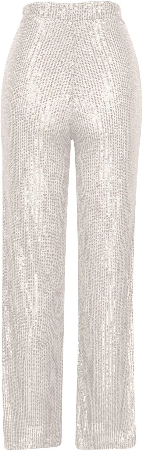 Women Sequins Wide Leg Pants High Waist Trousers Ladies Palazzo Pants Casual Bling Shiny Trousers Loose Baggy Trouser
