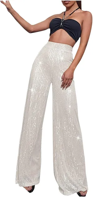 Women Sequins Wide Leg Pants High Waist Trousers Ladies Palazzo Pants Casual Bling Shiny Trousers Loose Baggy Trouser