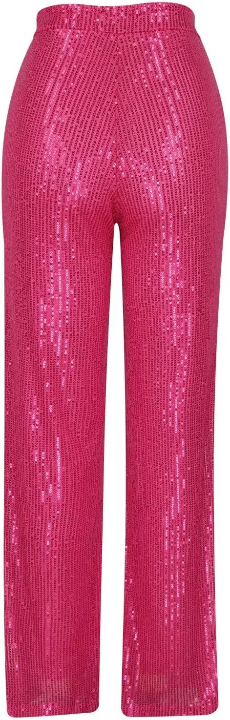 Women Sequins Wide Leg Pants High Waist Trousers Ladies Palazzo Pants Casual Bling Shiny Trousers Loose Baggy Trouser