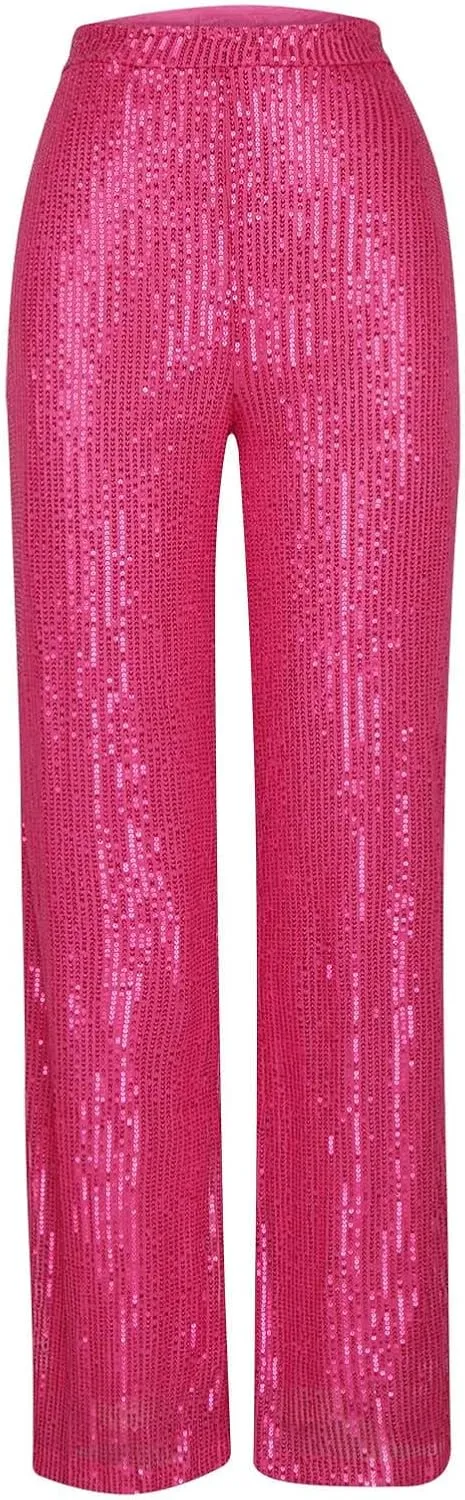 Women Sequins Wide Leg Pants High Waist Trousers Ladies Palazzo Pants Casual Bling Shiny Trousers Loose Baggy Trouser