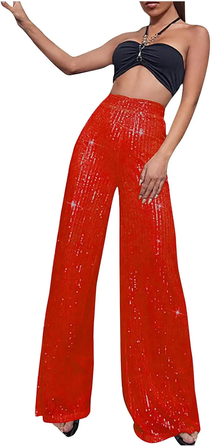 Women Sequins Wide Leg Pants High Waist Trousers Ladies Palazzo Pants Casual Bling Shiny Trousers Loose Baggy Trouser