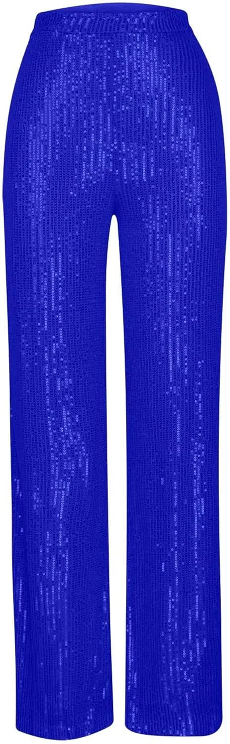 Women Sequins Wide Leg Pants High Waist Trousers Ladies Palazzo Pants Casual Bling Shiny Trousers Loose Baggy Trouser