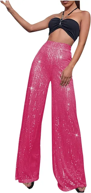 Women Sequins Wide Leg Pants High Waist Trousers Ladies Palazzo Pants Casual Bling Shiny Trousers Loose Baggy Trouser
