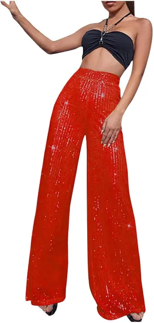 Women Sequins Wide Leg Pants High Waist Trousers Ladies Palazzo Pants Casual Bling Shiny Trousers Loose Baggy Trouser