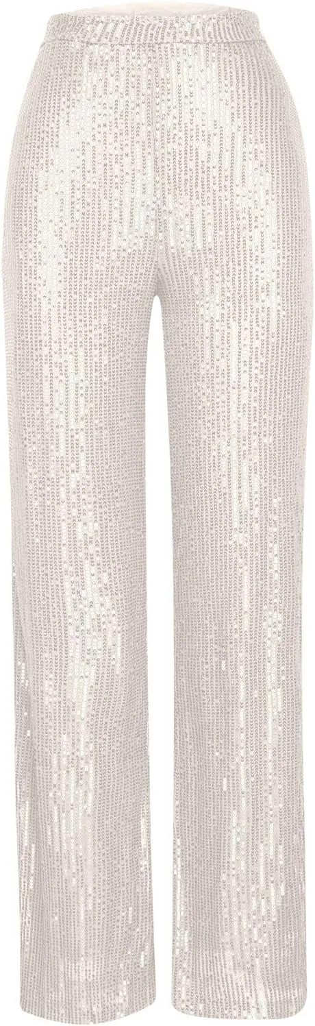Women Sequins Wide Leg Pants High Waist Trousers Ladies Palazzo Pants Casual Bling Shiny Trousers Loose Baggy Trouser