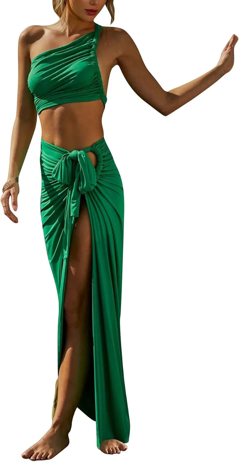 Women Sexy 2 Piece Skirts Outfits One Shoulder Sleeveless Ctop Top And Ruched Waist High Slit Long Skirt Sets