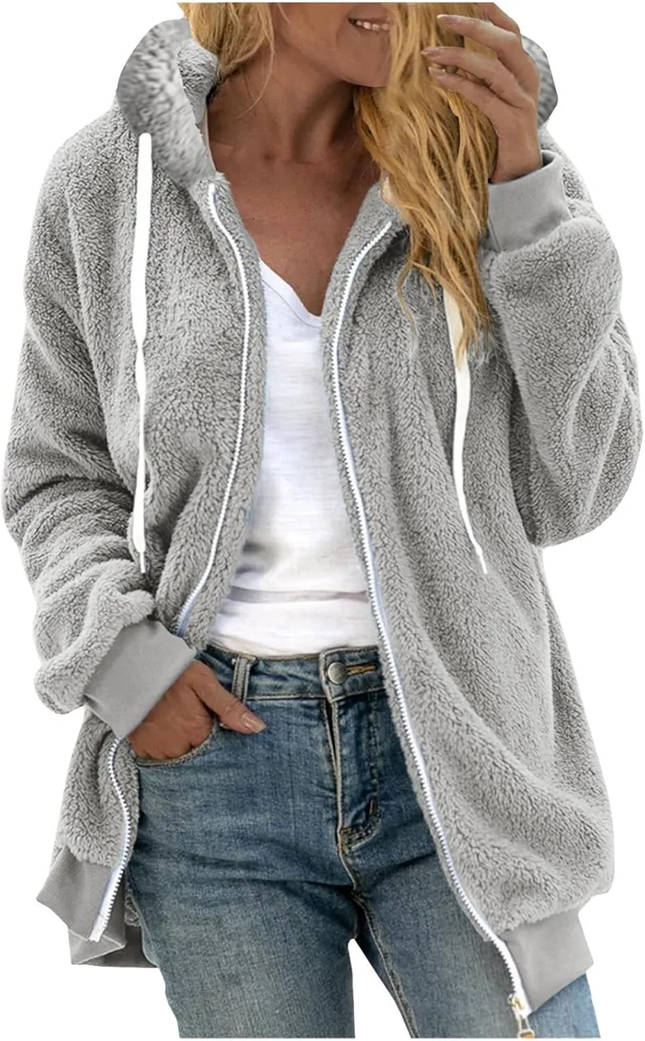 Women Sherpa Hoodie Lined Jackets Lamb Wool Padded Coat Faux Fur Shearling Fleece Full Zip Hoodies Outwear Tops