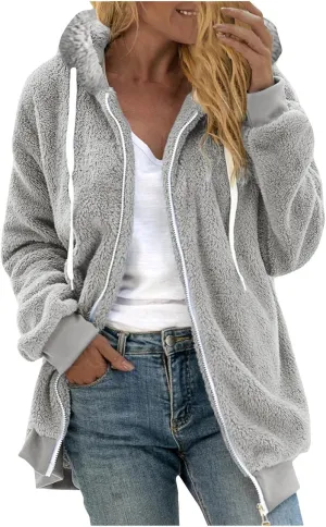 Women Sherpa Hoodie Lined Jackets Lamb Wool Padded Coat Faux Fur Shearling Fleece Full Zip Hoodies Outwear Tops