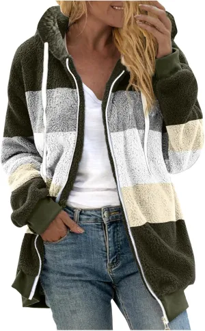 Women Sherpa Hoodie Lined Jackets Lamb Wool Padded Coat Faux Fur Shearling Fleece Full Zip Hoodies Outwear Tops