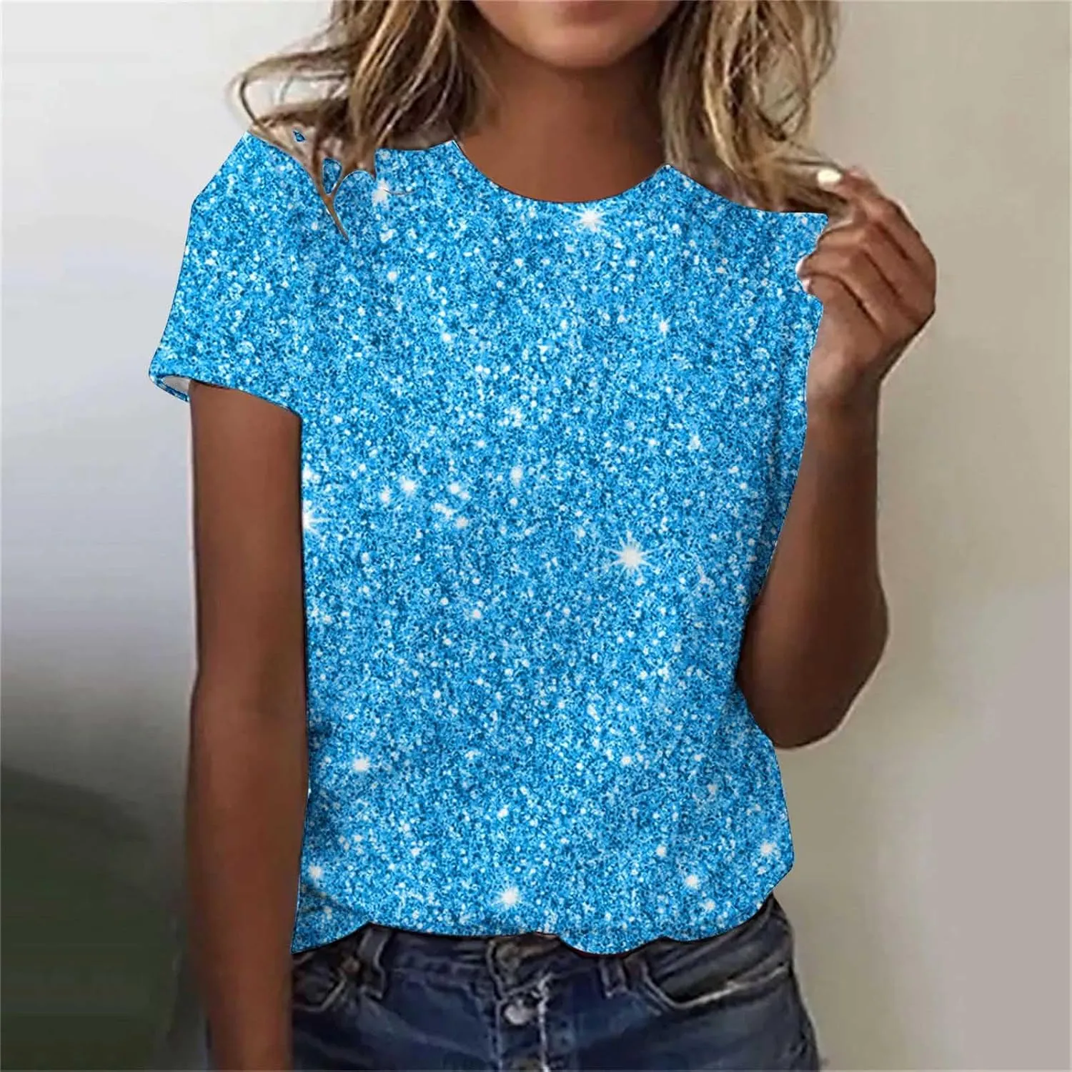 Women Sparkly Graphic Print Tops Tie Dye Tee Shirt Loose Short Sleeve Crewneck Tshirt Basic Casual Color Block Blouse