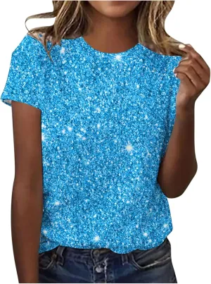 Women Sparkly Graphic Print Tops Tie Dye Tee Shirt Loose Short Sleeve Crewneck Tshirt Basic Casual Color Block Blouse