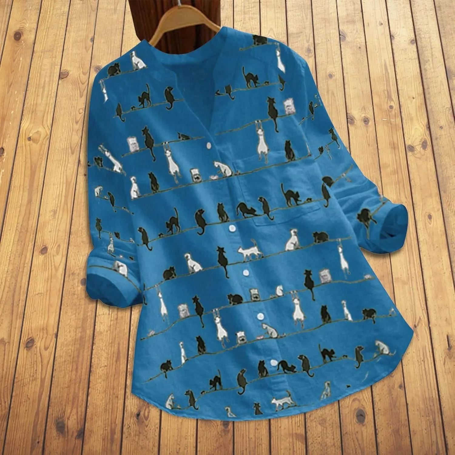 Women Summer 3/4 Sleeve Shirts Button Down Loose Fit Blouses 2024 Fashion Cat Print T-Shirts Plus Size Loose Tops