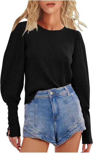 Women Trendy Waffle Blouses Batwing Sleeves Tops 2025 Spring Fall Clothes Plain Button Slit Long Sleeve Shirts