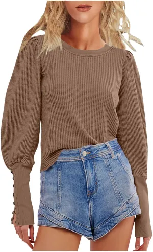 Women Trendy Waffle Blouses Batwing Sleeves Tops 2025 Spring Fall Clothes Plain Button Slit Long Sleeve Shirts