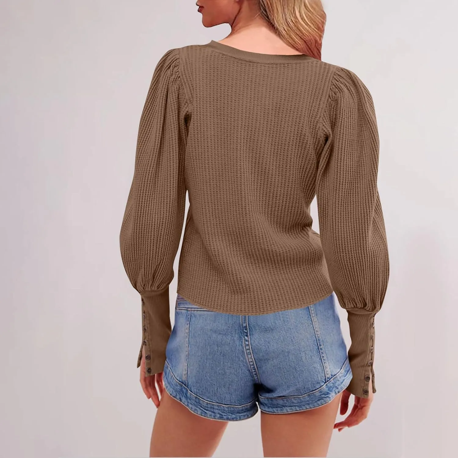 Women Trendy Waffle Blouses Batwing Sleeves Tops 2025 Spring Fall Clothes Plain Button Slit Long Sleeve Shirts