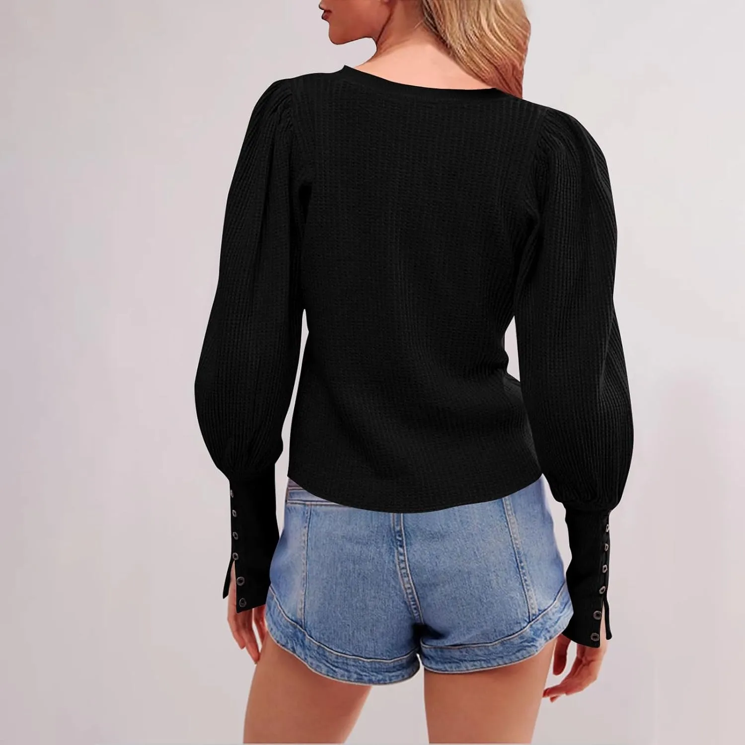 Women Trendy Waffle Blouses Batwing Sleeves Tops 2025 Spring Fall Clothes Plain Button Slit Long Sleeve Shirts