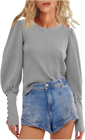 Women Trendy Waffle Blouses Batwing Sleeves Tops 2025 Spring Fall Clothes Plain Button Slit Long Sleeve Shirts