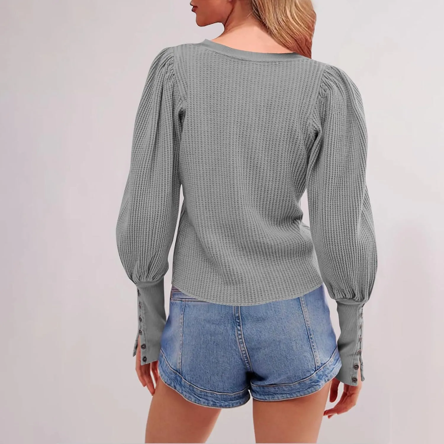 Women Trendy Waffle Blouses Batwing Sleeves Tops 2025 Spring Fall Clothes Plain Button Slit Long Sleeve Shirts