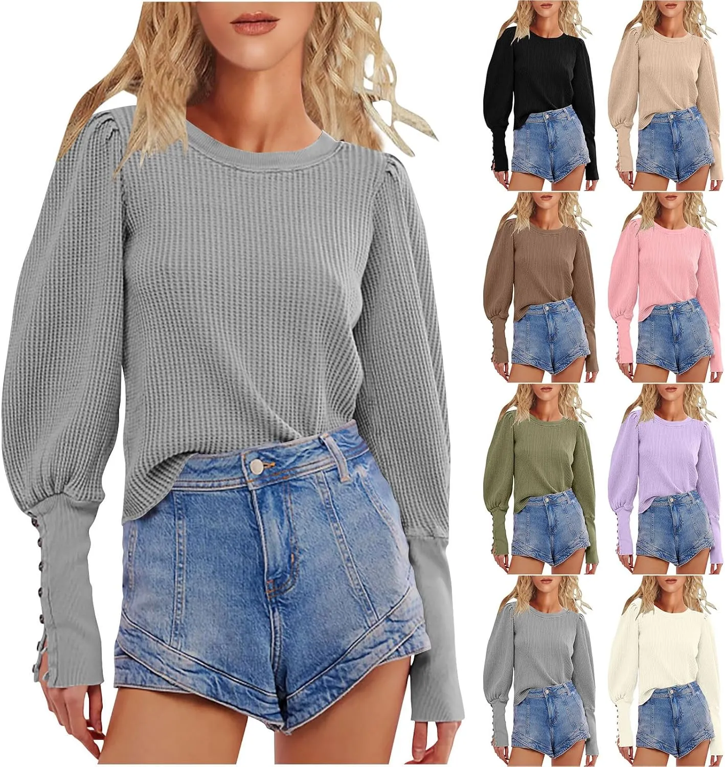 Women Trendy Waffle Blouses Batwing Sleeves Tops 2025 Spring Fall Clothes Plain Button Slit Long Sleeve Shirts