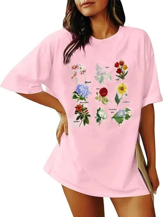 Women Vintage Graphic Flower Print Short Sleeve T Shirt Summer Casual Girls Tee Tops