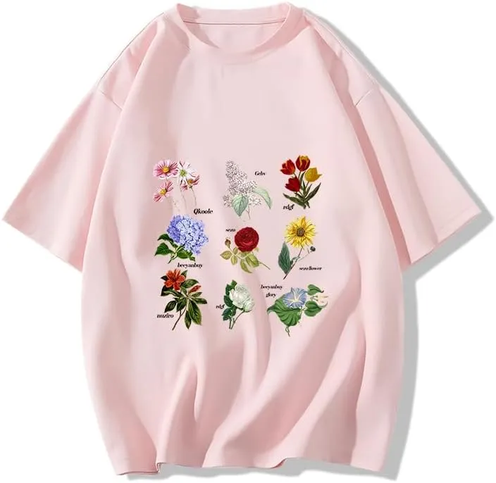 Women Vintage Graphic Flower Print Short Sleeve T Shirt Summer Casual Girls Tee Tops