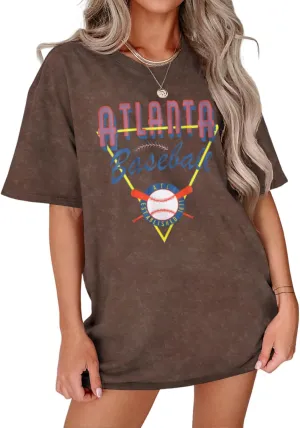 Women Vintage Tshirt Atlanta Baseball Letter Graphic Shirt Short Sleeve Oversized Loose Fit Summer Casual Tees Tops
