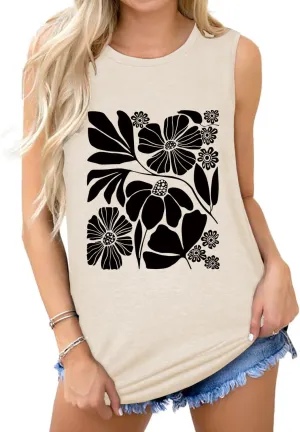 Women Wildflower Shirts Boho Vintage Floral Printed Tank Tops Nature Botanical Graphic Sleeveless Tees